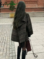 Cyflymder Autumn/Winter New Retro Plaid Cloak Shawl Woolen Coat Women Winter Clothes Korean Style Chic Loose Wool