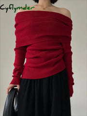 Cyflymder Autumn Winter Off Shoulder Women Sweaters Elegant Vintage Knitted Solid Jumper High Stretch Top Soft Chic
