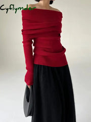 Cyflymder Autumn Winter Off Shoulder Women Sweaters Elegant Vintage Knitted Solid Jumper High Stretch Top Soft Chic