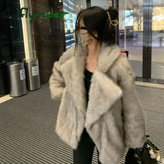 Cyflymder Autumn Winter Oversized Loose Casual Luxury Soft Thick Warm Hairy Faux Fox Fur Coat Women Long Sleeve Fluffy