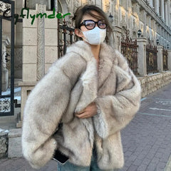 Cyflymder Autumn Winter Oversized Loose Casual Luxury Soft Thick Warm Hairy Faux Fox Fur Coat Women Long Sleeve Fluffy