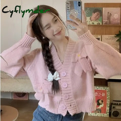 Cyflymder Autumn Winter Sweet Knitted Cardigan Women Vintage V-Neck Flowers Bow Full Sleeve Sweater Korean Style Loose