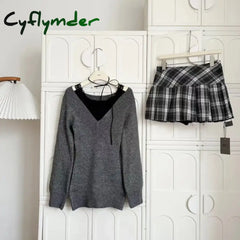 Cyflymder Autumn Winter Woman Gyaru Coquette V-neck French Vintage Sweater Long Sleeve Pullovers Knitwears 2000s