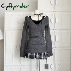 Cyflymder Autumn Winter Woman Gyaru Coquette V-neck French Vintage Sweater Long Sleeve Pullovers Knitwears 2000s