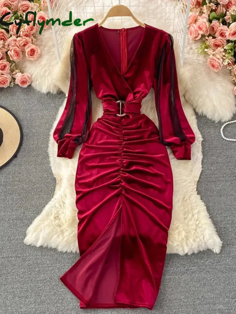 Cyflymder Autumn Winter Women Black/Red Draped Bodycon Midi Dress Vintage V-Neck Mesh Patchwork Long Sleeve High Waist