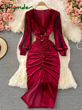 Cyflymder Autumn Winter Women Black/Red Draped Bodycon Midi Dress Vintage V-Neck Mesh Patchwork Long Sleeve High Waist