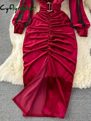 Cyflymder Autumn Winter Women Black/Red Draped Bodycon Midi Dress Vintage V-Neck Mesh Patchwork Long Sleeve High Waist