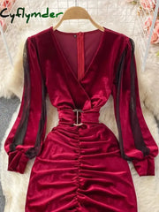 Cyflymder Autumn Winter Women Black/Red Draped Bodycon Midi Dress Vintage V-Neck Mesh Patchwork Long Sleeve High Waist
