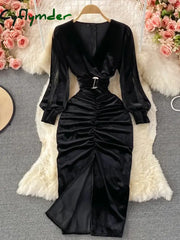 Cyflymder Autumn Winter Women Black/Red Draped Bodycon Midi Dress Vintage V-Neck Mesh Patchwork Long Sleeve High Waist