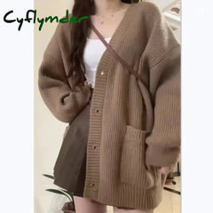 Cyflymder Autumn Winter Women Cardigan Sweater Coats Fashion Female Long Sleeve V-Neck Loose