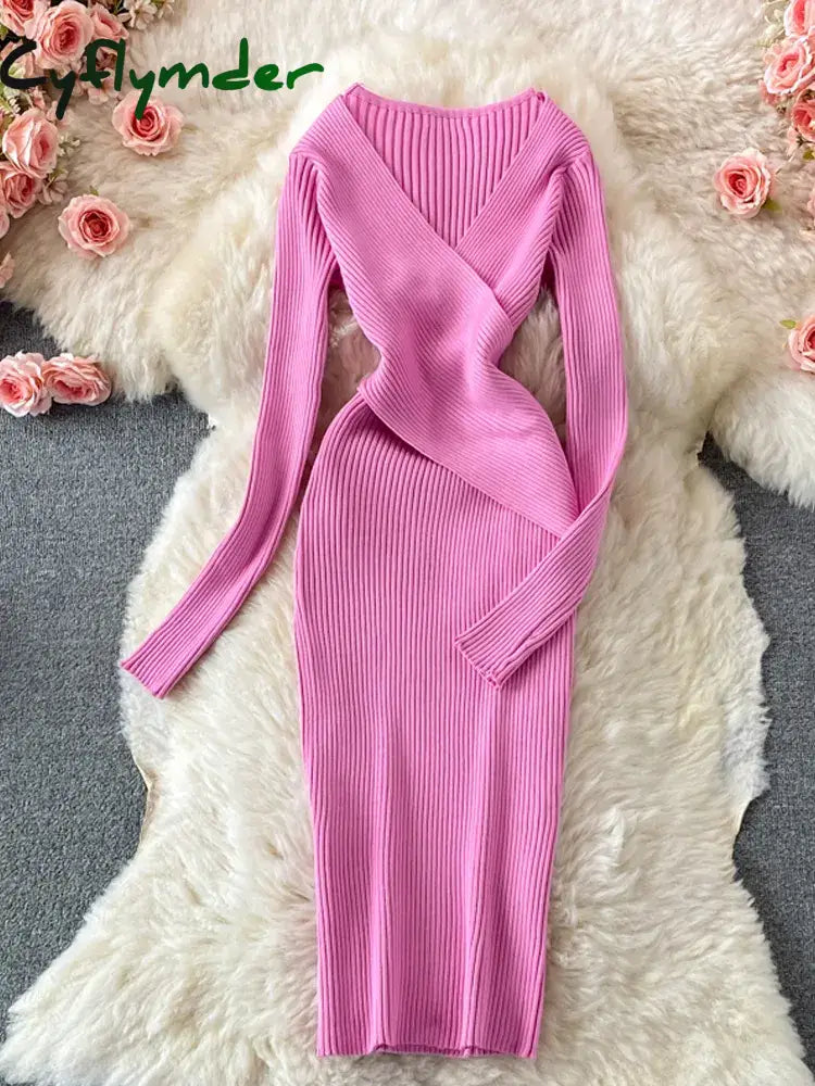 Cyflymder Autumn Winter Women Dress Elegant Cross V-Neck Slim Waist Knitted Bodycon Korean Office
