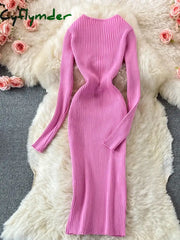 Cyflymder Autumn Winter Women Dress Elegant Cross V-Neck Slim Waist Knitted Bodycon Korean Office