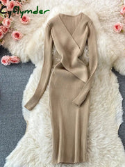 Cyflymder Autumn Winter Women Dress Elegant Cross V-Neck Slim Waist Knitted Bodycon Korean Office