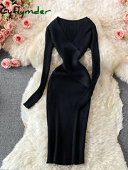 Cyflymder Autumn Winter Women Dress Elegant Cross V-Neck Slim Waist Knitted Bodycon Korean Office