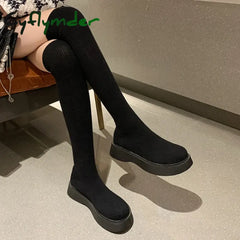 Cyflymder Autumn Winter Women Platform Over The Knee Boots Ladies Stretch Knitted Socks Long Boots Slip-On Thick Bottom