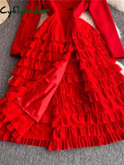 Cyflymder Autumn Winter Women Red/Black/Khaki Party Long Dress Vintage Notched Collar High Waist Tierred Ruffle Maxi