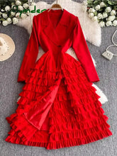 Cyflymder Autumn Winter Women Red/Black/Khaki Party Long Dress Vintage Notched Collar High Waist Tierred Ruffle Maxi