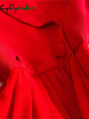 Cyflymder Autumn Winter Women Red/Black/Khaki Party Long Dress Vintage Notched Collar High Waist Tierred Ruffle Maxi