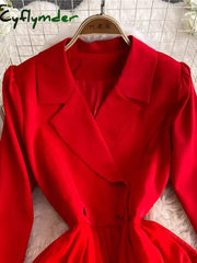 Cyflymder Autumn Winter Women Red/Black/Khaki Party Long Dress Vintage Notched Collar High Waist Tierred Ruffle Maxi