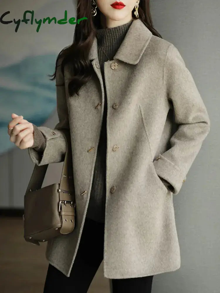 Cyflymder Autumn Winter Woolen Coat Slim Fashion Office Lady Square Collar Single Breasted Coats