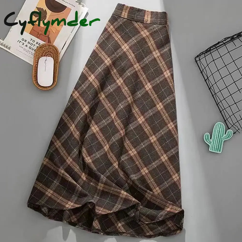 Cyflymder Autumn Winter Woolen Skirt Women Korean Style Thick High Waist Long Skirt Woman A Line Pleated Plaid Skirt