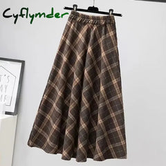 Cyflymder Autumn Winter Woolen Skirt Women Korean Style Thick High Waist Long Skirt Woman A Line Pleated Plaid Skirt