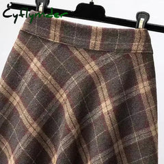 Cyflymder Autumn Winter Woolen Skirt Women Korean Style Thick High Waist Long Skirt Woman A Line Pleated Plaid Skirt