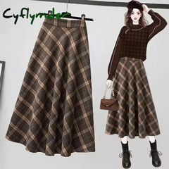 Cyflymder Autumn Winter Woolen Skirt Women Korean Style Thick High Waist Long Skirt Woman A Line Pleated Plaid Skirt