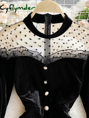 Cyflymder Autumn Women Black Mesh Patchwork Velvet Party Dress Elegant Stand Collar Flare Long Sleeve Ruffle Mermaid