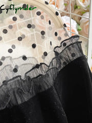 Cyflymder Autumn Women Black Mesh Patchwork Velvet Party Dress Elegant Stand Collar Flare Long Sleeve Ruffle Mermaid