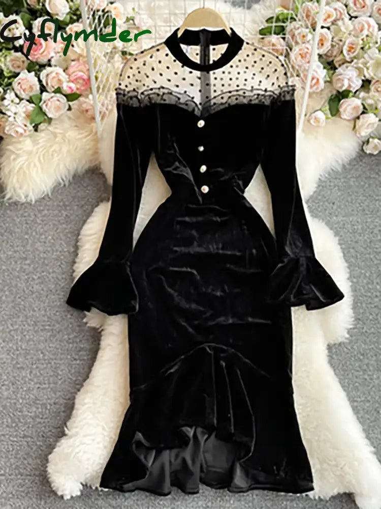 Cyflymder Autumn Women Black Mesh Patchwork Velvet Party Dress Elegant Stand Collar Flare Long Sleeve Ruffle Mermaid