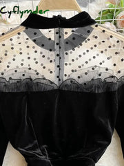 Cyflymder Autumn Women Black Mesh Patchwork Velvet Party Dress Elegant Stand Collar Flare Long Sleeve Ruffle Mermaid