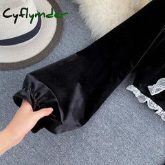 Cyflymder Autumn Women Black Sexy Square Collar Lace Patchwork Velvet Blouse Female Elegant Flare