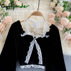 Cyflymder Autumn Women Black Sexy Square Collar Lace Patchwork Velvet Blouse Female Elegant Flare