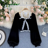 Cyflymder Autumn Women Black Sexy Square Collar Lace Patchwork Velvet Blouse Female Elegant Flare