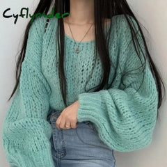 Cyflymder Autumn Women Hollow Out Solid Sweater Lantern Sleeve O-Neck Knitted Pullovers For Winter