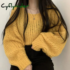 Cyflymder Autumn Women Hollow Out Solid Sweater Lantern Sleeve O-Neck Knitted Pullovers For Winter