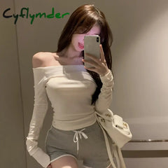 Cyflymder Autumn Women Hot Girl One Shoulder Sexy Undercover Solid Color Off Shoulder Long Sleeve T-shirt Hottie Slim