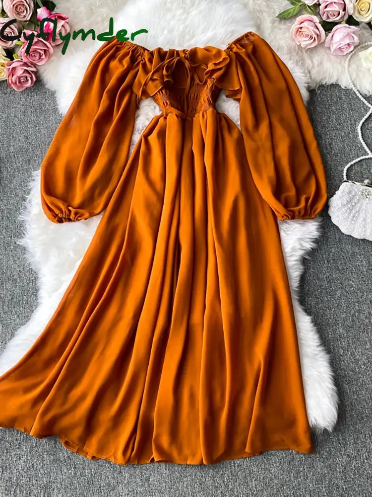 Cyflymder Autumn Women Slash Neck Long Sleeve Midi Dress Female Yellow/Red/Pink High Waist Ruffle Big Swing Chiffon