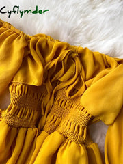 Cyflymder Autumn Women Slash Neck Long Sleeve Midi Dress Female Yellow/Red/Pink High Waist Ruffle Big Swing Chiffon