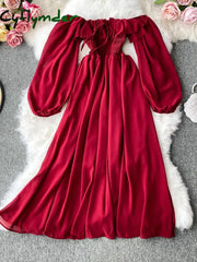 Cyflymder Autumn Women Slash Neck Long Sleeve Midi Dress Female Yellow/Red/Pink High Waist Ruffle Big Swing Chiffon