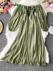 Cyflymder Autumn Women Slash Neck Long Sleeve Midi Dress Female Yellow/Red/Pink High Waist Ruffle Big Swing Chiffon