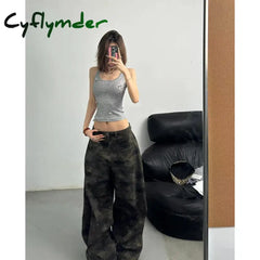 Cyflymder Autumn Womens Jeans High Waist Baggy Casual Vintage Y2K Camouflage Straight Pants Street American Wide Leg