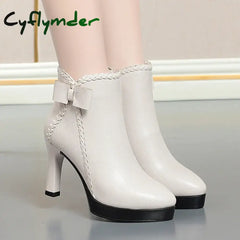 Cyflymder Autumn Women’s Platform Shoes New Plus Velvet Stiletto Heel Heeled Ankle Boots Winter Versatile Pointed Toe