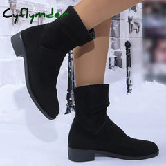 Cyflymder Autumn Womens Solid Pleated Ankle Boots Fashion Faux Suede Square Heel Boots Ladies Round Toe Back Zipper