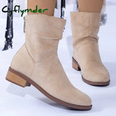 Cyflymder Autumn Womens Solid Pleated Ankle Boots Fashion Faux Suede Square Heel Boots Ladies Round Toe Back Zipper