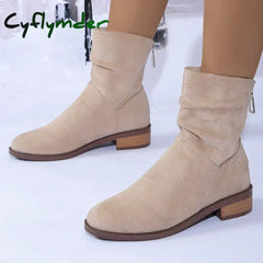 Cyflymder Autumn Womens Solid Pleated Ankle Boots Fashion Faux Suede Square Heel Boots Ladies Round Toe Back Zipper