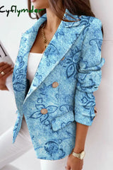 Cyflymder - Baby Blue Casual Print Patchwork Turn-Back Collar Outerwear Blazers