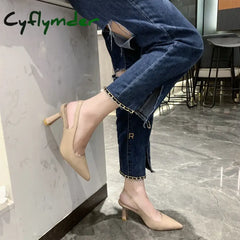 Cyflymder Back Empty Sandals High Heels Women’s Thick Heel Spring New Single Shoes Pointed Toe Black Work Shoes High