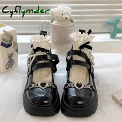 Cyflymder Back To School 2024 Sweet Heart-Shaped Buckle Lolita Shoes Women Patent Leather Platform